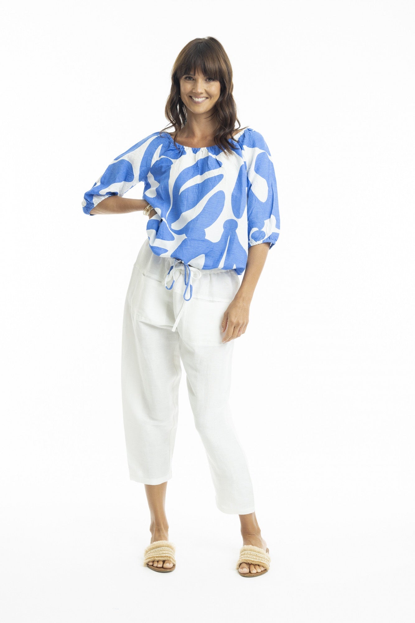 Top Gather Neck Linen Blue