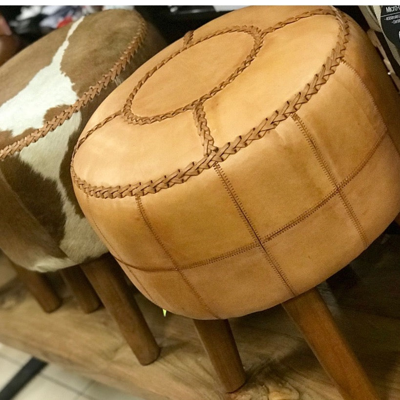 Ottoman Leather Stitched Round
